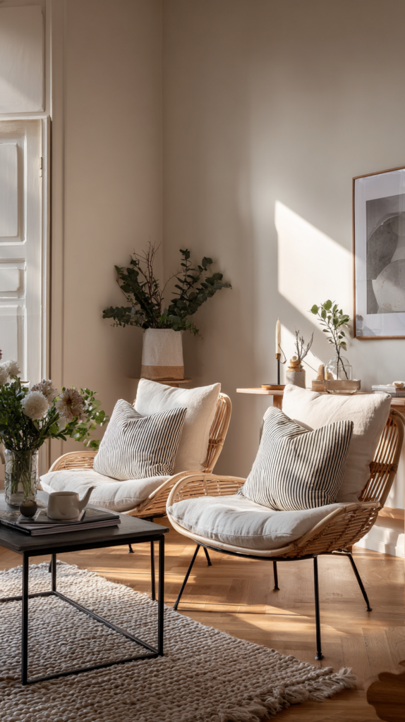 Small living room with lightweight armchairs and minimal coffee table