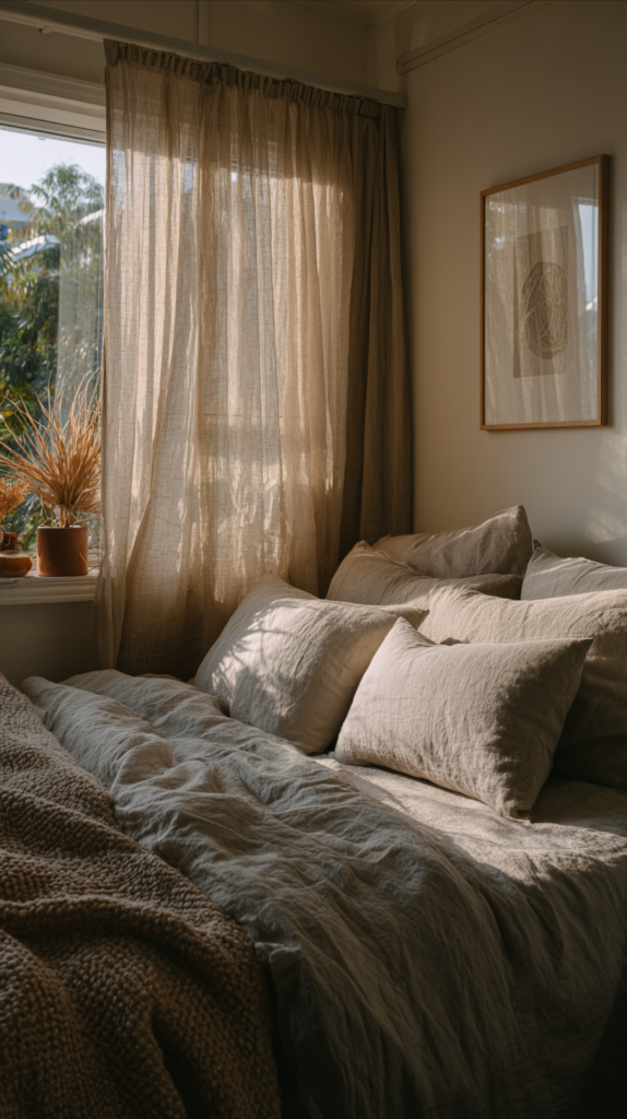 Small bedroom in calming neutral tones and layered textures