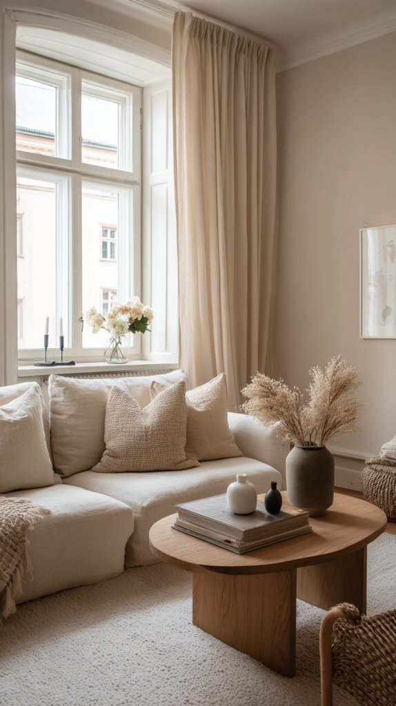 Small bright living room with neutral color palette and light wood furniture