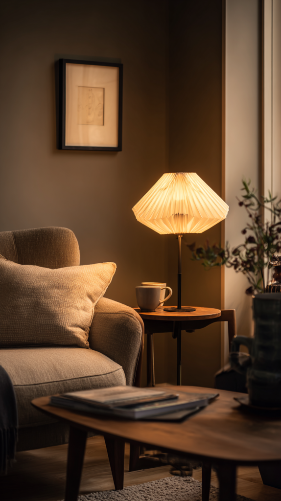 Small living room with layered cozy lighting