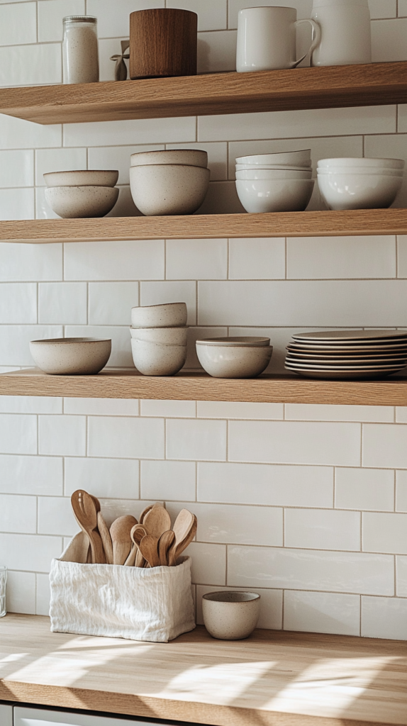 Small kitchen with wall-mounted open shelving, pegboard system and baskets β smart and clean vertical storage.