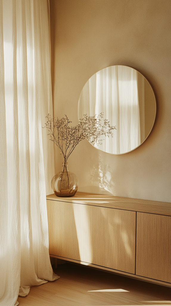Compact entry with large round mirror above wooden console, soft daylight and neutral tones β airy and expanded look.