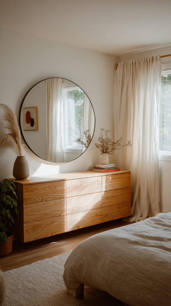 Large round mirror in small cozy living room