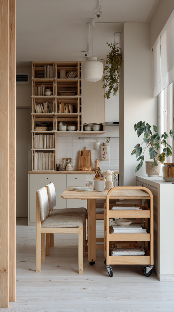 Small space with mobile rolling cart and folding dining table