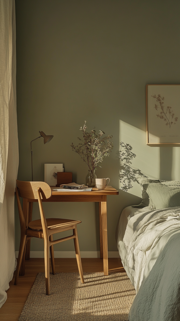 Small studio apartment with area rug, accent wall in sage green, and layered lighting β cozy and clearly zoned.