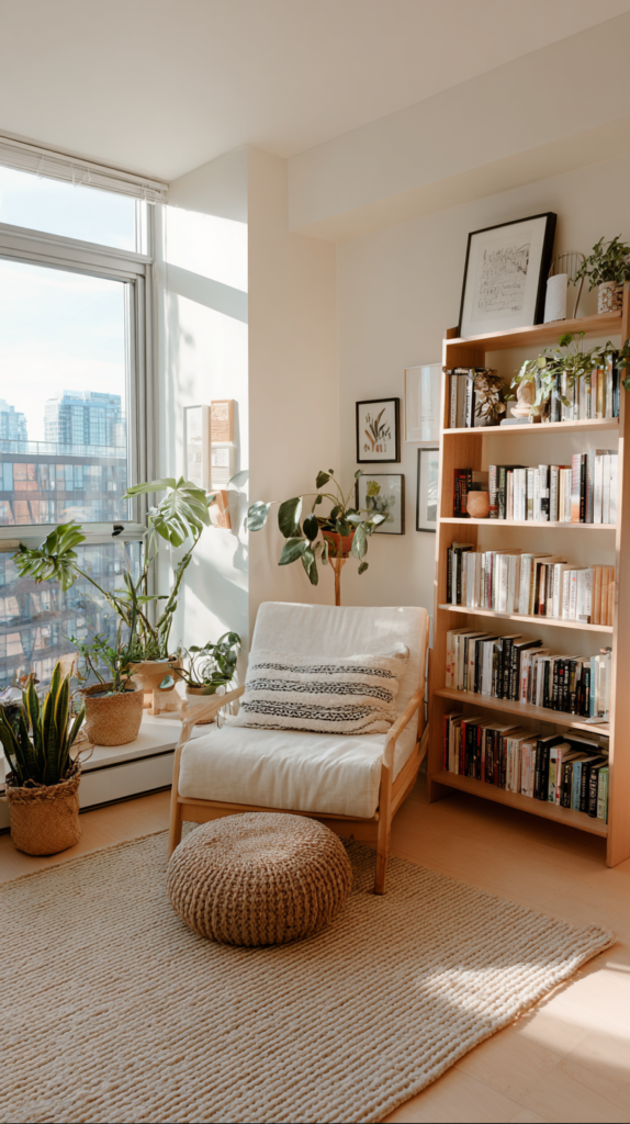 Cozy small studio with neutral rug defining reading nook