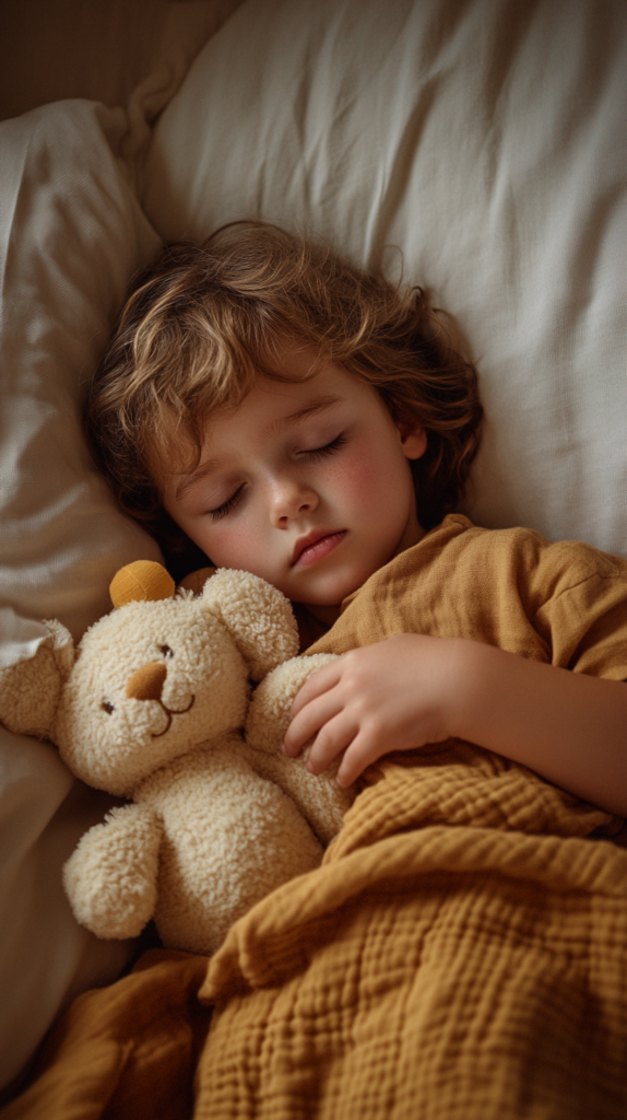 Sleeping child in a calm bedroom with gentle textures and nightlight glow
