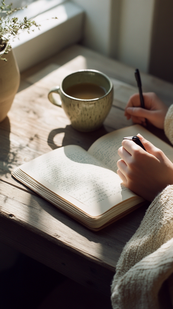 Slow morning with journaling and tea in a natural, cozy setting
