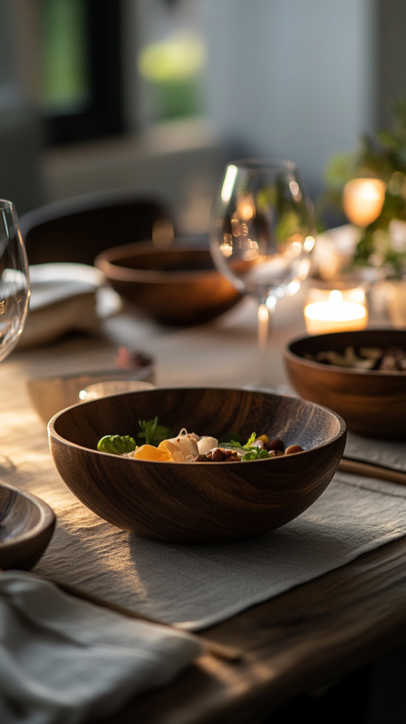 : Peaceful family dinner with warm light and natural textures