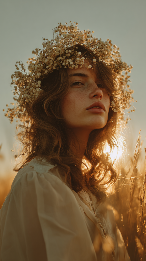 Woman wearing a dried flower crown with lavender and daisies, smiling softly in the summer garden.