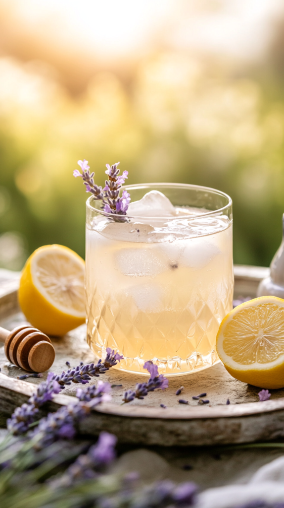 Delicate glass of lavender lemon water with ice cubes and edible flowers, set on linen cloth with soft purple tones.