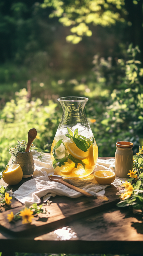 Glass pitcher with lemon balm, lemon slices, and ice cubes on a wooden outdoor table in soft sunlight.