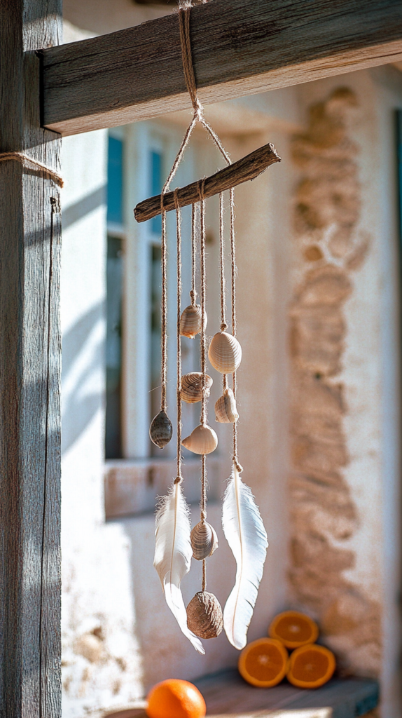 DIY driftwood wind chime with shells, feathers and beads hanging from a porch โ soft and natural summer decor.