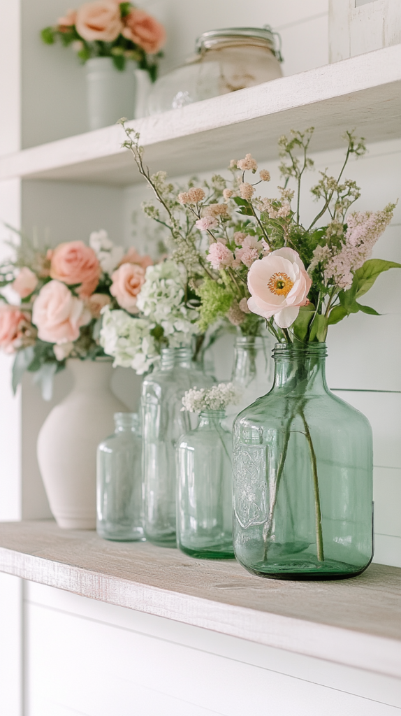 Glass jars filled with spring flowers and moss on a white shelf β light and fresh seasonal jar decor.