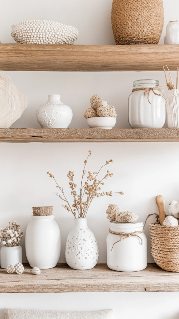 White painted jars with twine and beads styled on an open shelf β minimalist and boho-inspired jar decor.
