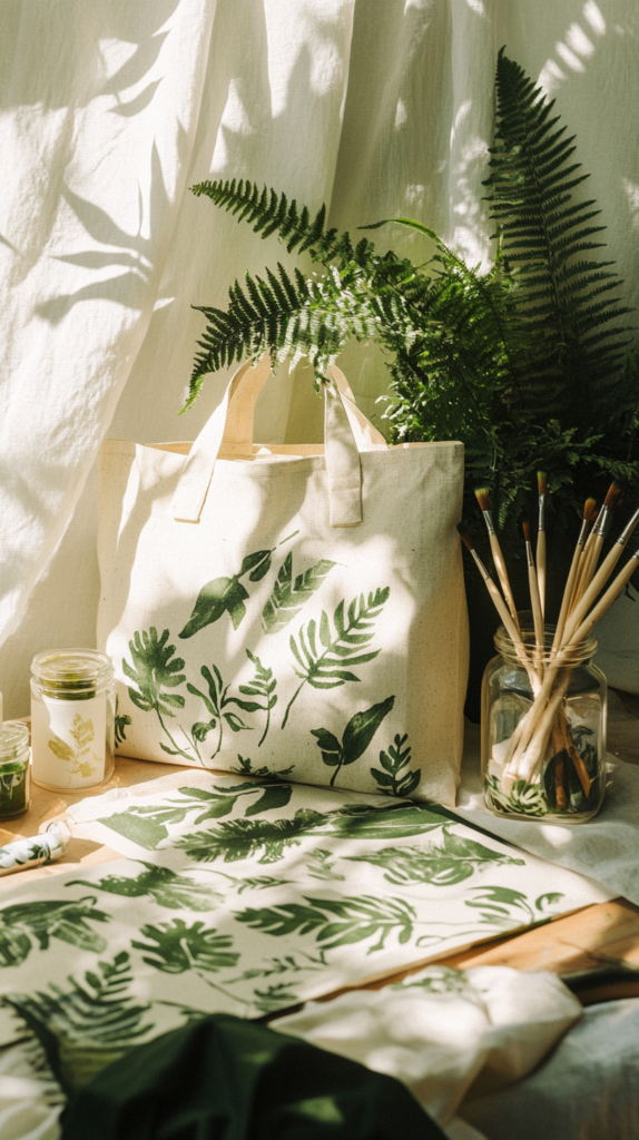 Natural leaf prints on linen tote bag with wildflowers and paint supplies around โ DIY eco print with summer plants.