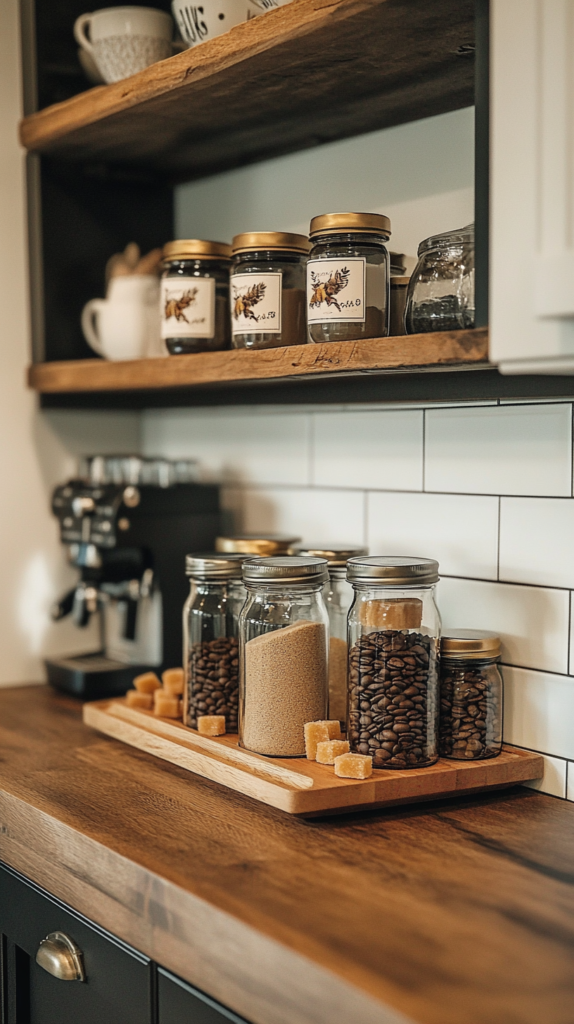 Coffee bar corner with honey jars, bee-themed accents, and tiered tray with small jars β charming and playful kitchen decor.
