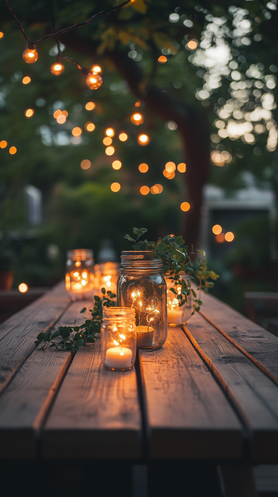 Mason jars filled with fairy lights on a summer patio table β simple and cozy jar lighting idea.