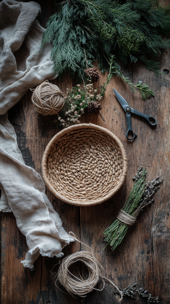 Handwoven pine needle basket on a wooden table, decorated with dried herbs and crystals โ a slow and nature-connected summer project.