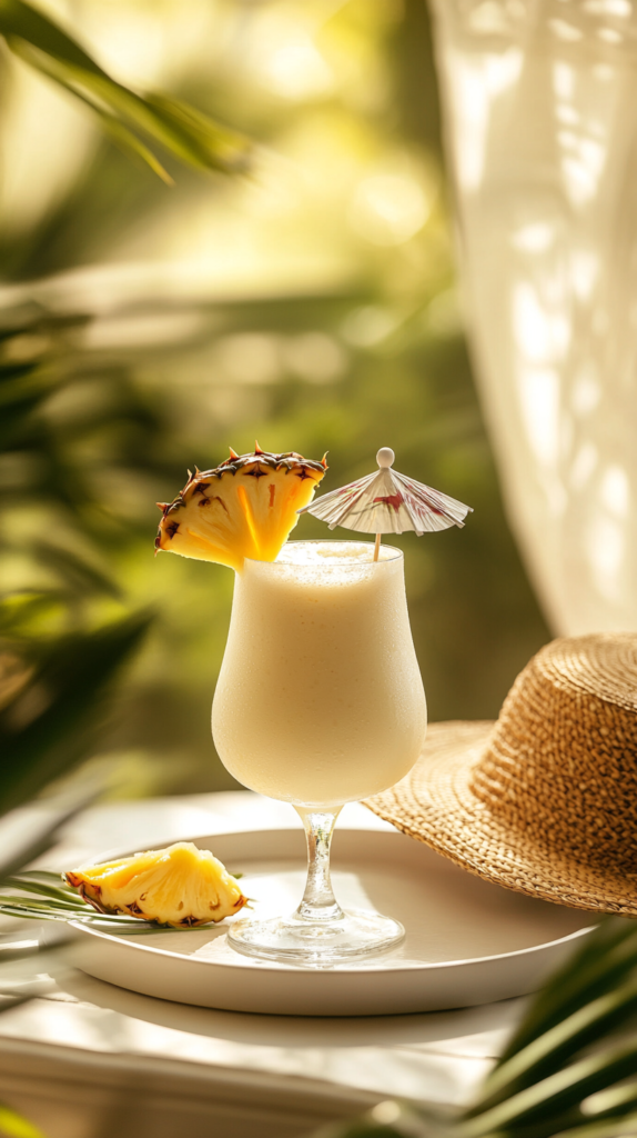 Creamy pineapple coconut drink in a tall glass with a mint leaf on top, beachy summer vibe with sunlight.