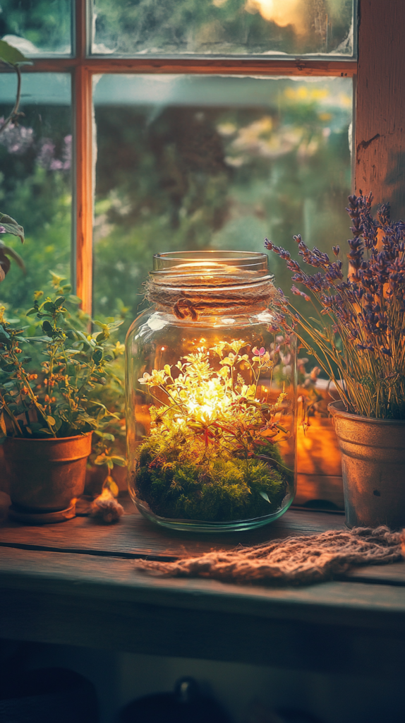 Mason jar filled with moss and fairy lights glowing softly on a wooden shelf โ magical DIY lantern for summer nights.