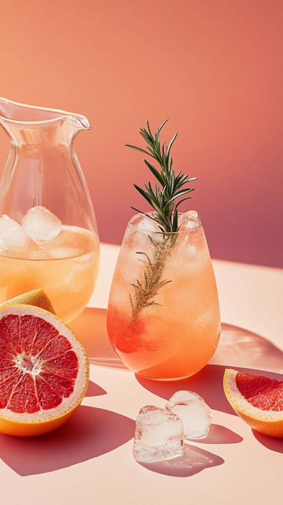 t: Grapefruit rosemary fizz with bubbles and rosemary garnish in sunlight.