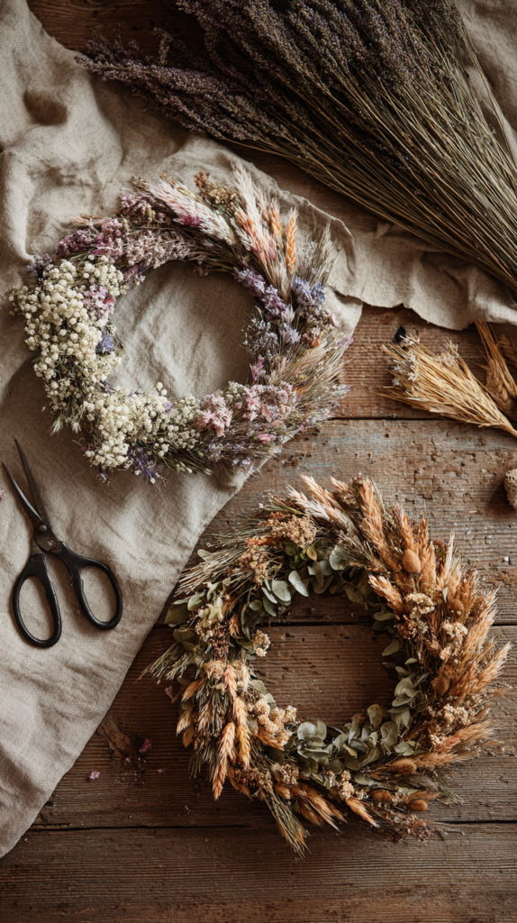 Seasonal DIY flower crowns on a rustic wooden table – one with spring pastels, one in warm autumn tones.
