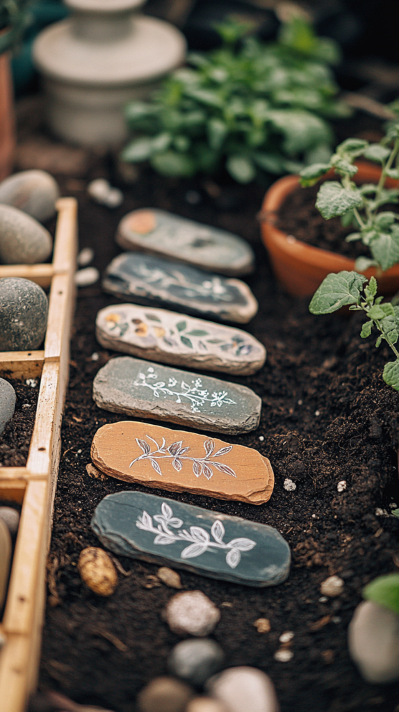 Painted stone garden labels with plant names in script and floral drawings, scattered on soil beside herbs โ creative and practical garden DIY.