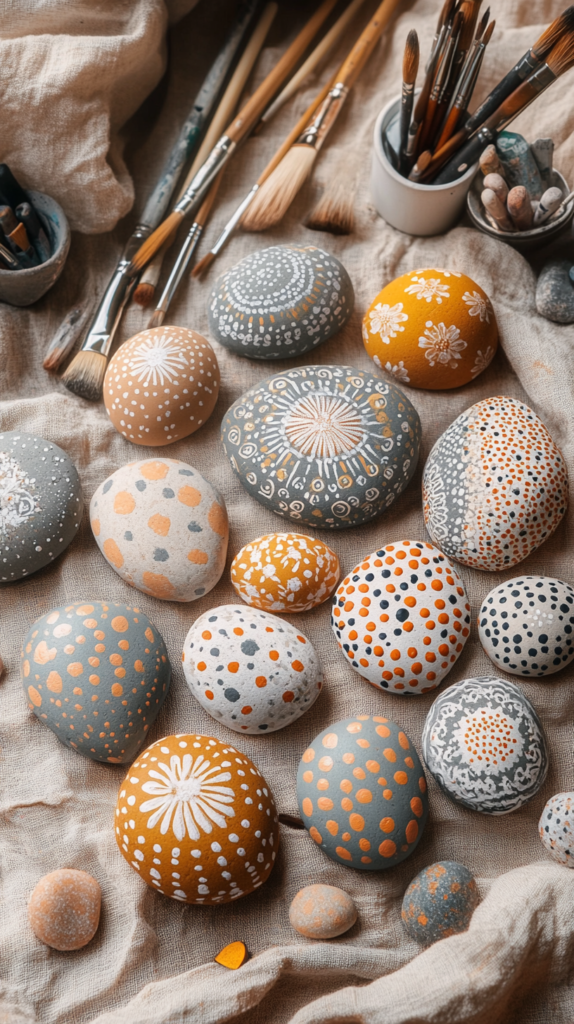 Smooth river stone painted with a colorful mandala pattern rests on linen with brushes and paint nearby โ creative and calming summer craft.