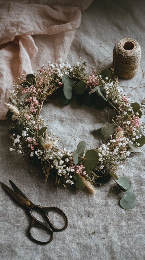  DIY dried flower crown in soft colors with lavender and bunny tails, tied with linen ribbon and resting on a rustic wooden table.