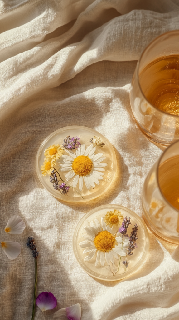 DIY coasters with pressed wildflowers encased in clear resin, resting on a linen-covered table โ bright and delicate nature craft.