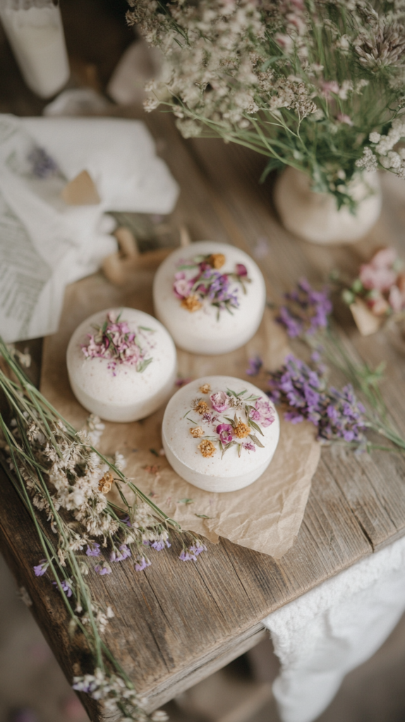 Homemade bath bombs decorated with dried floral petals