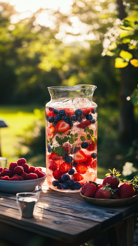 : Colorful berry punch in a clear pitcher with mint sprigs and floating berries.