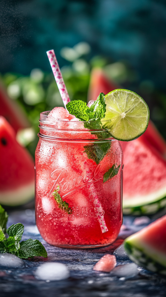 Watermelon drink in a glass with mint garnish and crushed ice on a linen napkin.