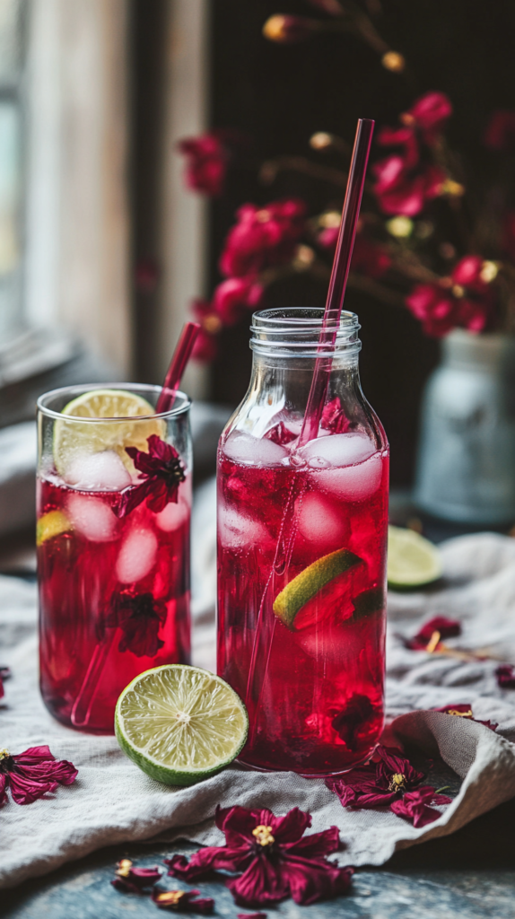 : Deep pink hibiscus lime tea in glass jar with condensation and paper straw.