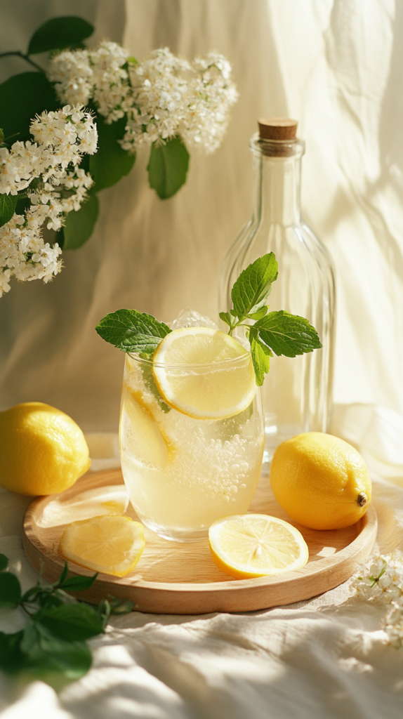 lderflower mint soda in glass with fresh mint and floral sprigs beside.