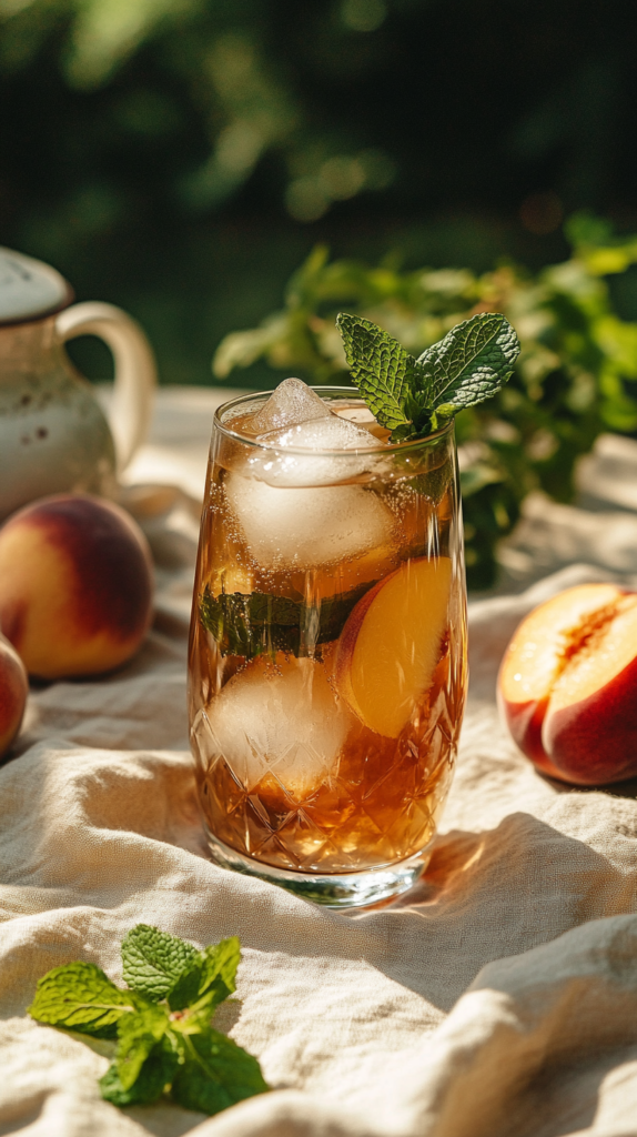 Glass of sparkling peach soda with basil leaves and peach slices on a garden table.