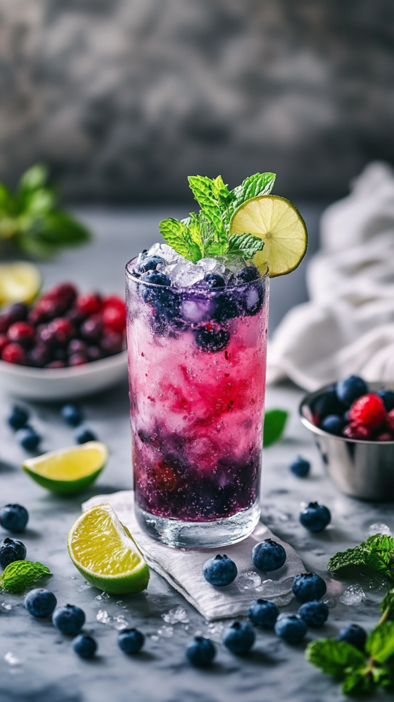 Blueberry lime soda in a tall glass with crushed ice and lime wedge.