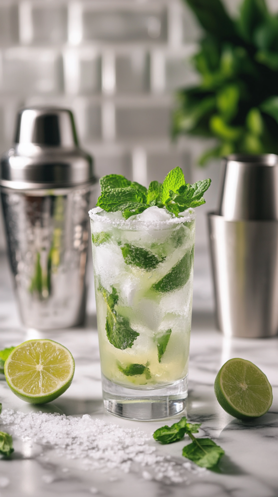 Virgin mojito in glass tumbler with lime wedge and mint.