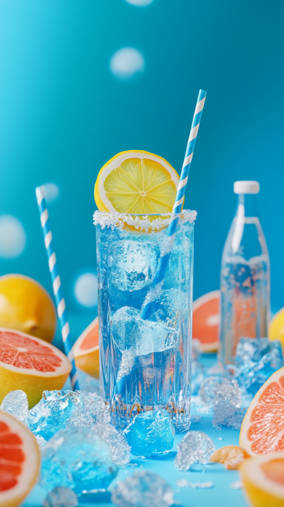 Vibrant blue drink in glass with straw and tropical garnish, kid-friendly.