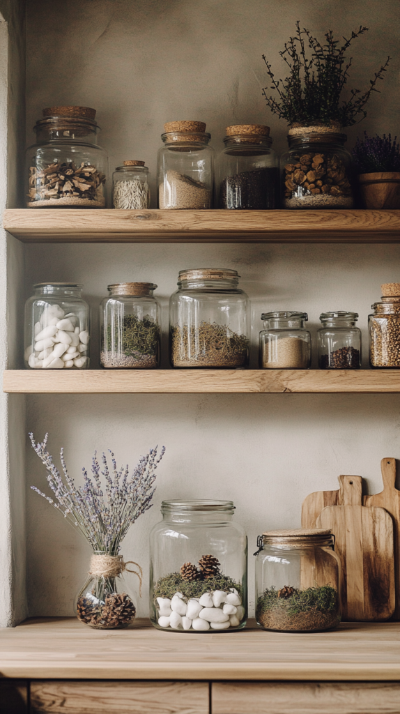 Vintage apothecary jars filled with dried flowers, moss and white stones on open kitchen shelves β elegant and natural jar decor.