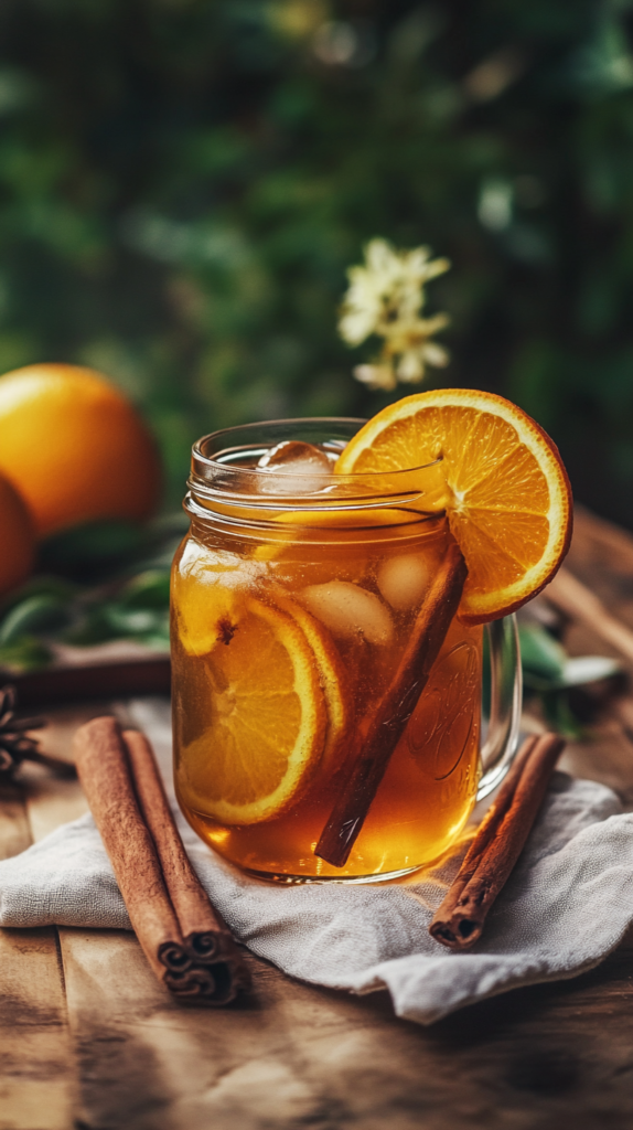 Orange vanilla iced tea in tall glass with orange wheel and vanilla pods.