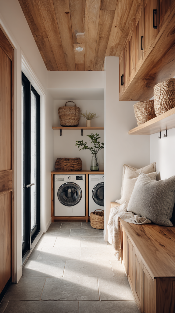 Combined mudroom and laundry room with lockers, folding counter, and a drop zone from garage to house.