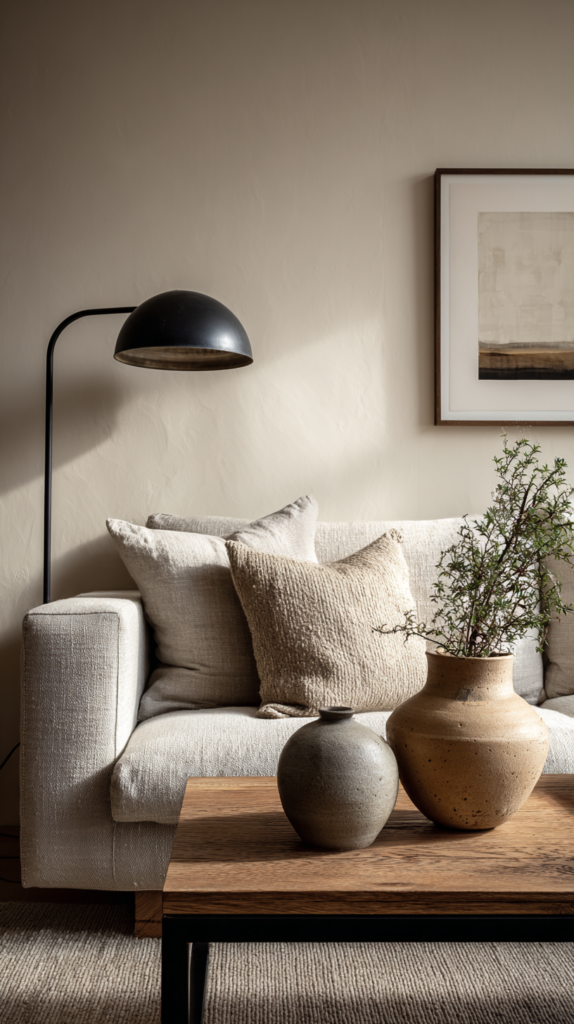 Warm modern living room palette with creamy neutrals and clay accents for an organic modern look.