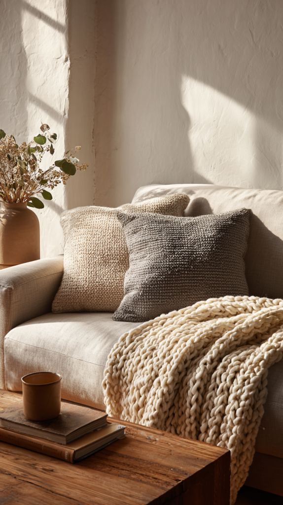 Cozy neutral living room with a textured throw on a minimalist sofa.