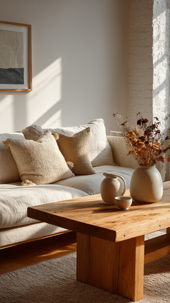 Cozy organic modern living room with warm, welcoming styling and clean modern lines.