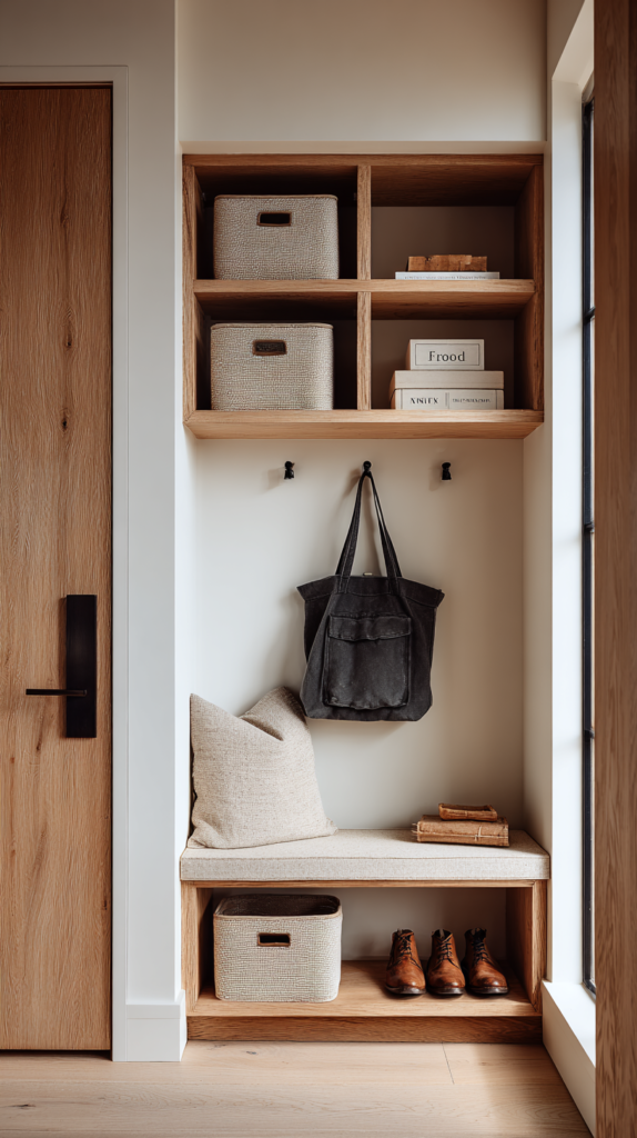 Entry closet drop zone with shelves, hooks, labeled bins, and hidden storage for a clutter-free look.