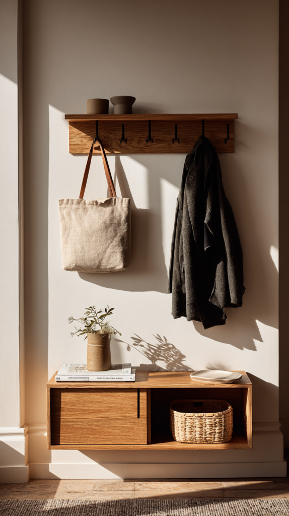 Entry drop zone with hooks, shoe storage, mail sorter, key tray, and a reset basket.