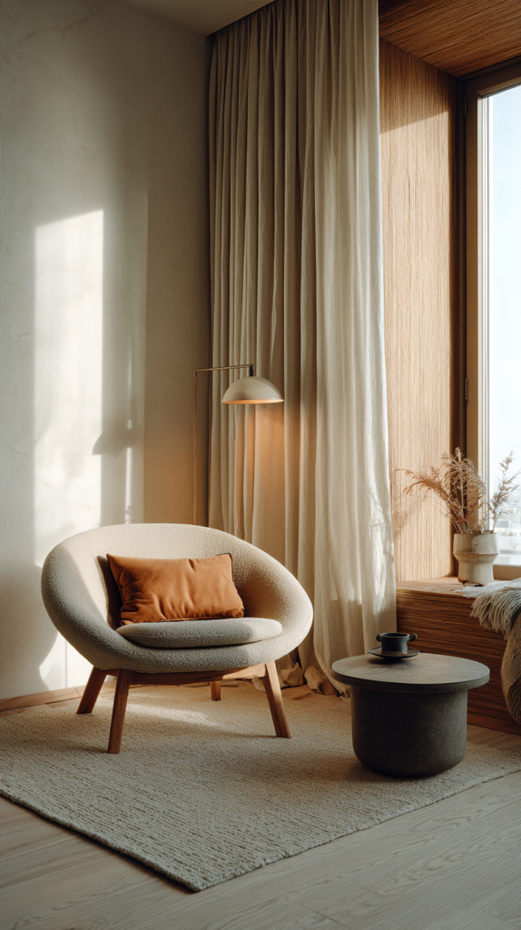  Contemporary living room design with linen, wood, wool plus ceramic accents and a touch of black metal contrast.