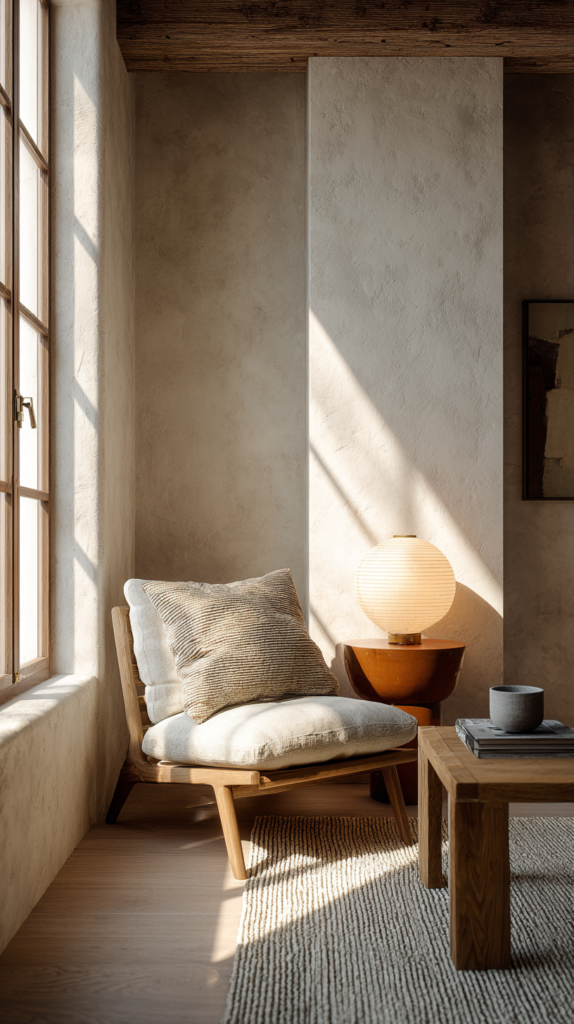 Long narrow small living room split into seating zone and reading corner with rug turned sideways.